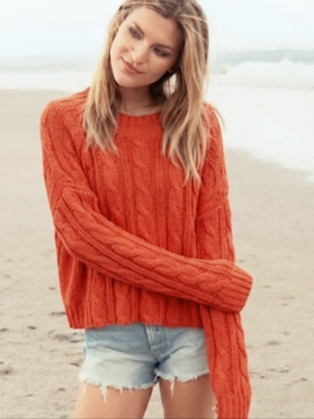 Wooden Ships Orange Cable Knit Crop Sweater Pullover S/M